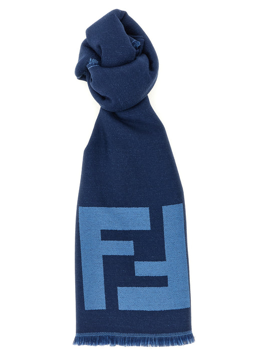 Scarf by Fendi for men in virgin wool blue, patterned & jacquard showcases a eye catching silhouette, artfully capturing the essence of the eye catching Virgin Wool Wrap Fringes Scarf design for a sophisticated look.