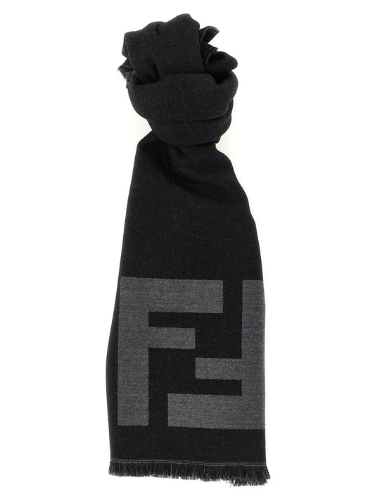 Fendi Virgin Wool Wrap Fringes Scarf - Black Patterned Jacquard