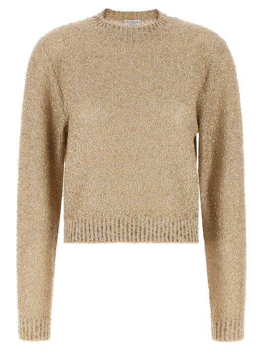 Cardigan by Brunello Cucinelli for women in silk cashmere & linen gold presents a textural silhouette, artfully finished with a textural crew neckline and for a sophisticated, textural look.