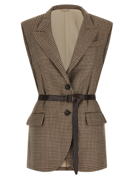 Vest by Brunello Cucinelli for women in polyamide leather & virgin wool beige & houndstooth showcases a utilitarian silhouette, artfully incorporating and a utilitarian for a truly utilitarian finish.