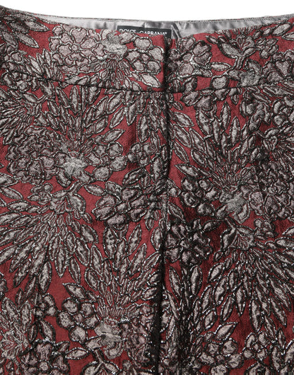 Dolce & Gabbana Women's Straight High Rise Silk Nylon Polyester & Acetate Chinos Pants - Burgundy Gray Patterned Floral Jacquard