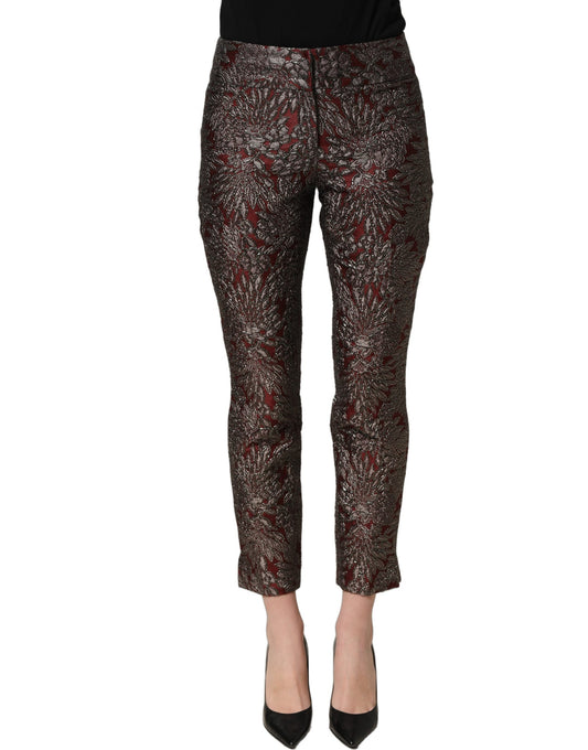Dolce & Gabbana Women's Straight High Rise Silk Nylon Polyester & Acetate Chinos Pants - Burgundy Gray Patterned Floral Jacquard
