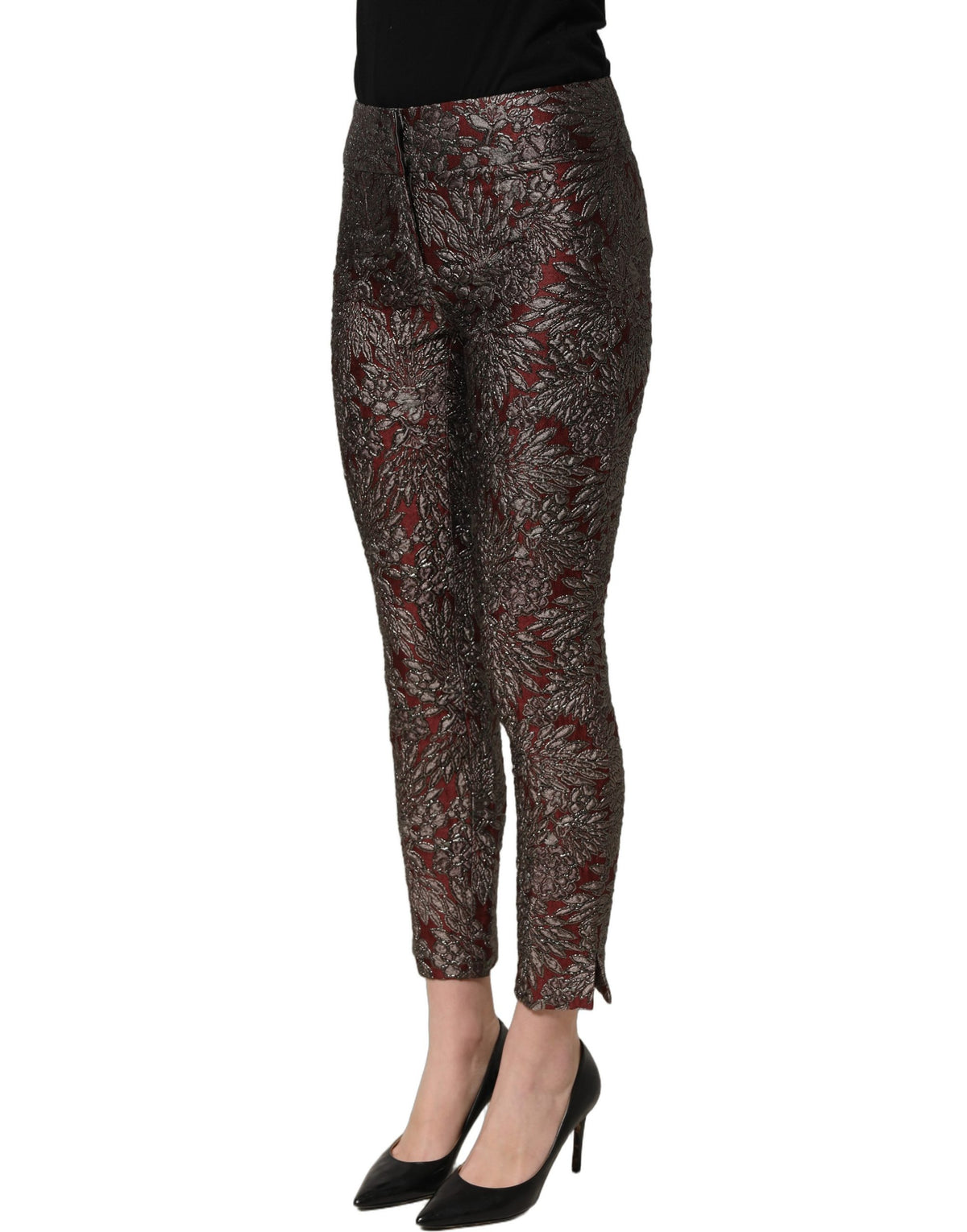 Dolce & Gabbana Women's Straight High Rise Silk Nylon Polyester & Acetate Chinos Pants - Burgundy Gray Patterned Floral Jacquard