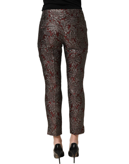 Dolce & Gabbana Women's Straight High Rise Silk Nylon Polyester & Acetate Chinos Pants - Burgundy Gray Patterned Floral Jacquard