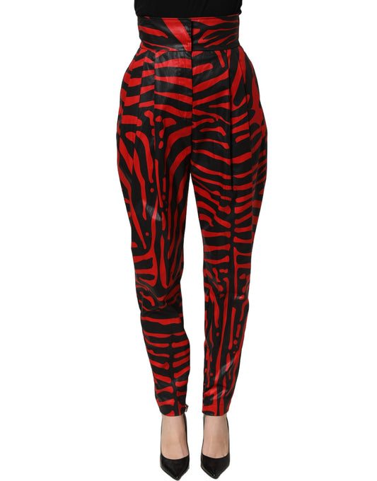 Dolce & Gabbana 9 To 5 Women's Tapered Leg High Rise Stretch Cotton Chinos Pants - Black Red Zebra Print