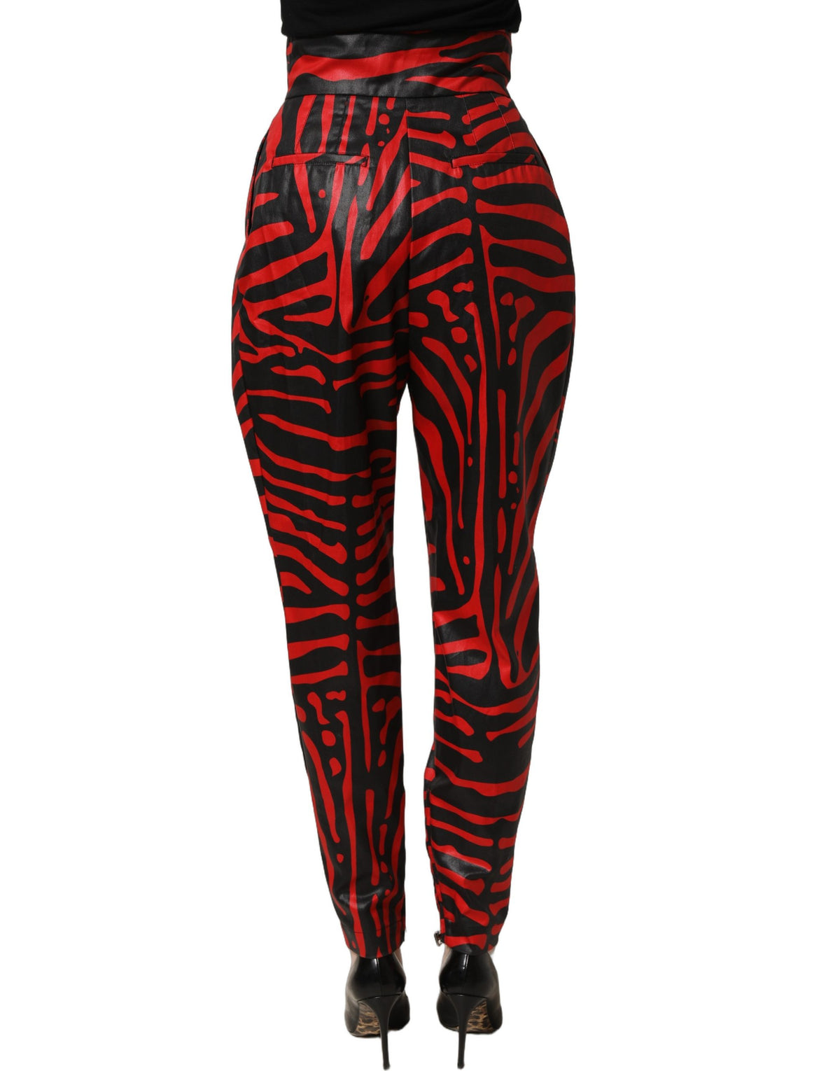 Dolce & Gabbana 9 To 5 Women's Tapered Leg High Rise Stretch Cotton Chinos Pants - Black Red Zebra Print