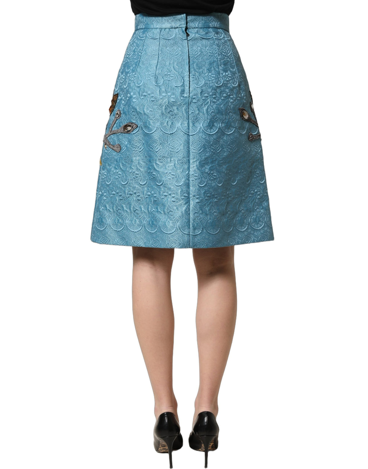 Dolce & Gabbana Sicily Women's Wrap A Line High Rise Silk Cotton Polyester & Squirrel Fur Midi Mini Skirt - Blue Jacquard