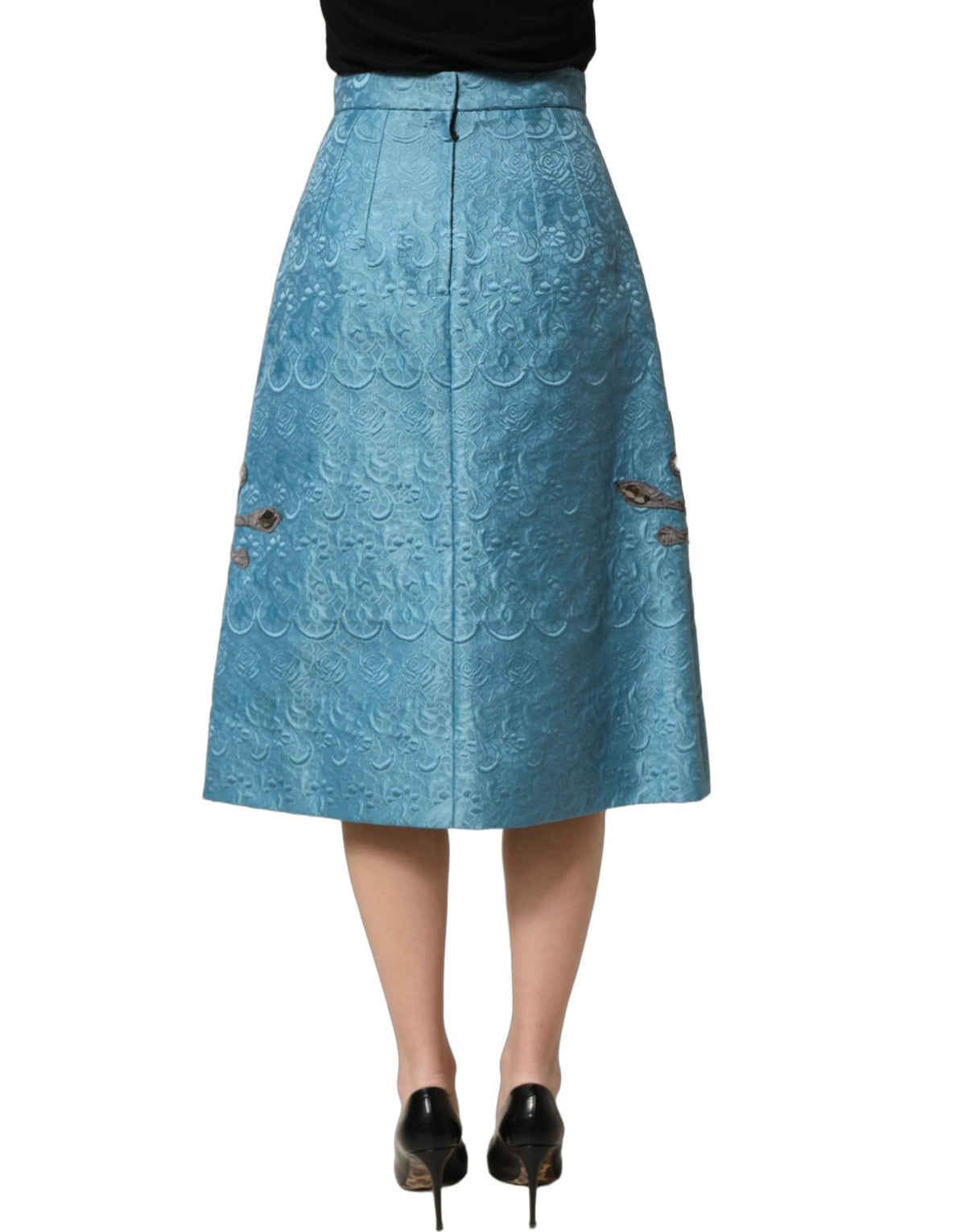 Dolce & Gabbana Sicily Women's A Line High Rise Silk Cotton Polyester & Squirrel Fur Midi Skirt - Blue Jacquard