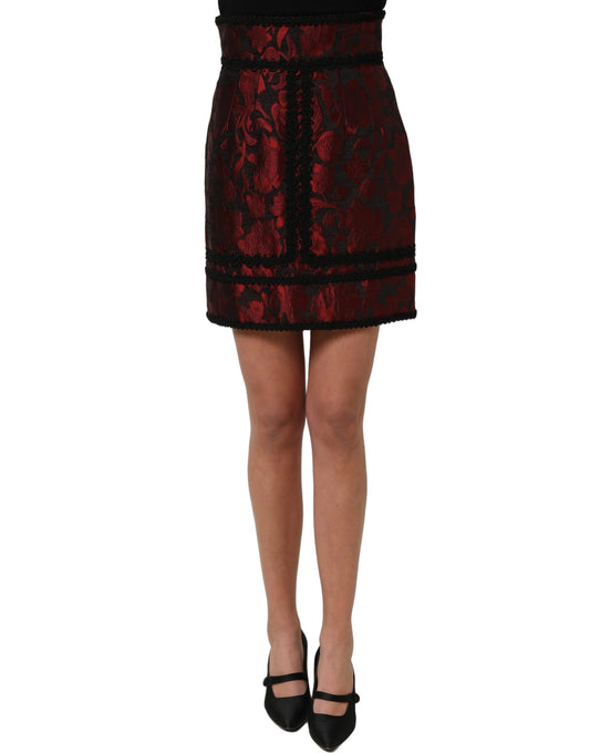 Dolce & Gabbana Women's Wrap A Line High Rise Silk Cotton Polyester & Acetate Mini Skirt - Black Red Patterned Floral Jacquard