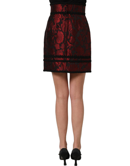 Dolce & Gabbana Women's Wrap A Line High Rise Silk Cotton Polyester & Acetate Mini Skirt - Black Red Patterned Floral Jacquard