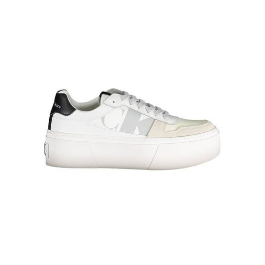 Sneakers by Calvin Klein for women in polyester leather white & print presents a sumptuous silhouette, artfully capturing the essence of the Women's Fashion Polyester Leather Sneakers with its sumptuous fashion style design.