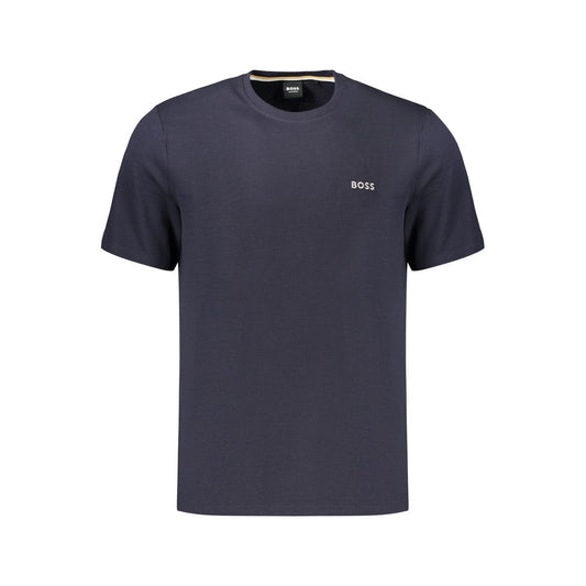 T-Shirt by Hugo Boss for men in cotton polyester blue showcases a fashionable silhouette, elegantly detailed with a fashionable and crew neckline for a sophisticated, high-fashion look.