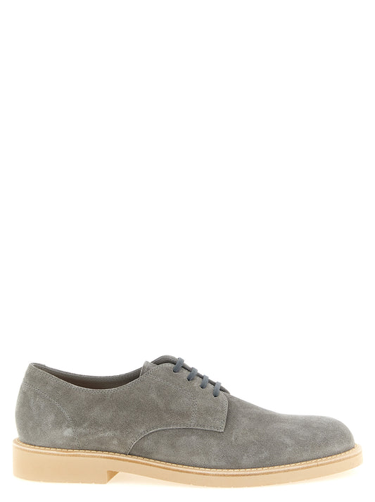 Derby Lace-Up Shoes by Brunello Cucinelli for men in calf leather & rubber gray features an effortless chic silhouette, showcasing the Men's Calf Leather & Rubber Derby Lace-Up Shoes design with an effortless chic and a for a effortless chic look.