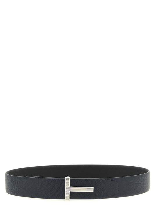 Belt by Tom Ford for men in palladium brass & grained calf leather black, dark-blue, multicolor & palladium features an artisanal finish, elegantly showcasing the signature style and artisanal craftsmanship of the Icon Palladium Brass & Grained Calf Leather Belt design.
