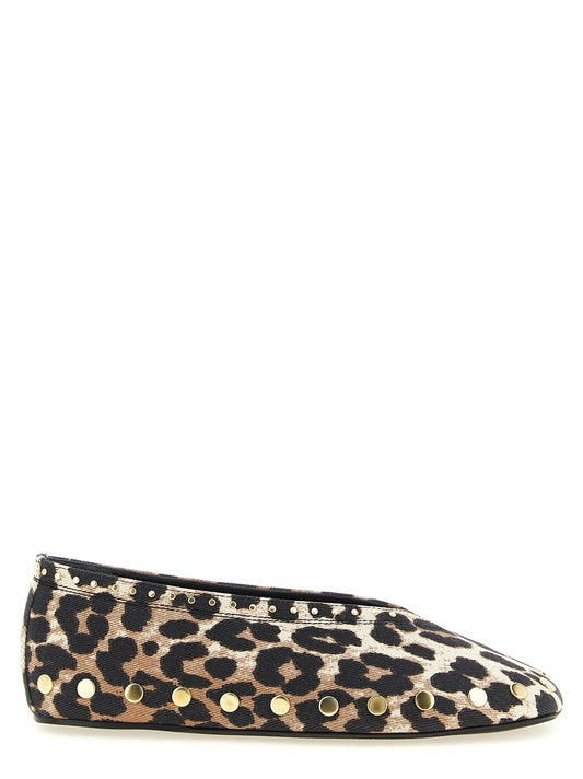 Ballet Flat Shoes by Ganni for women in stretch denim cotton animal, gold, multicolor, signature & print showcases a enchanting silhouette as part of the 9 To 5 Jenny Women's Stretch Denim Cotton Ballet Flat Shoes collection, defined by a enchanting square toe style and for a enchanting look.