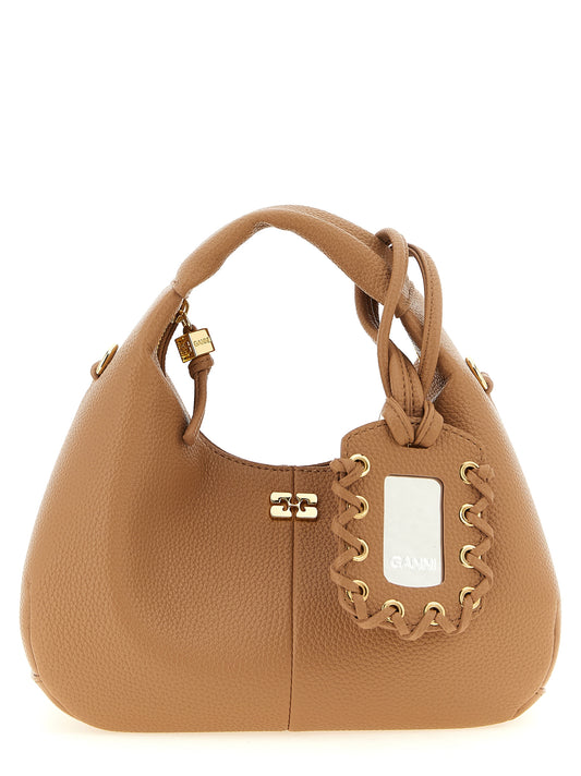 Mini Hobo Handbag by Ganni for women in polyester polyurethane faux leather beige & gold features a refined silhouette, showcasing a secure , organized , and versatile shoulder-strap, handle & adjustable-strap for a refined finish.