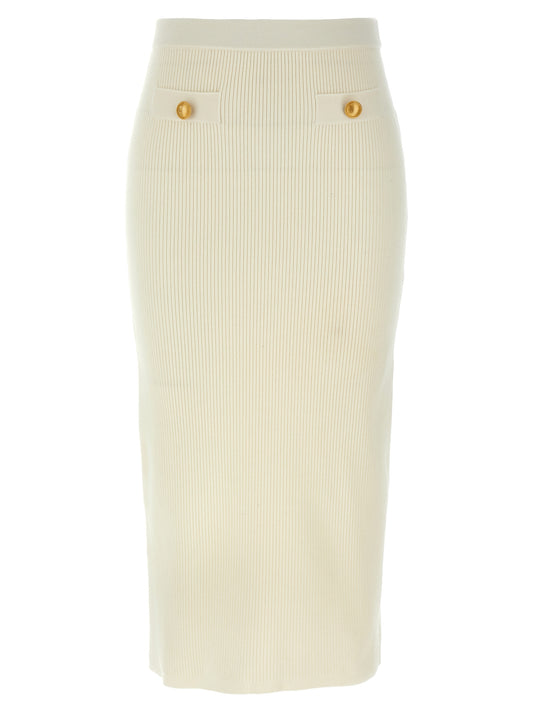 Skirt by Alessandra Rich for women in cashmere wool white showcases a sultry silhouette, elegantly defined by its midi and the sophisticated sultry design of the Women's Pencil Cashmere Wool Skirt.