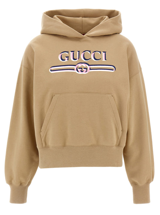 Sweatshirt Hoodie by Gucci for women in cotton beige, signature & print features an luminous silhouette, showcasing a sophisticated hooded neckline and for a truly luminous look.
