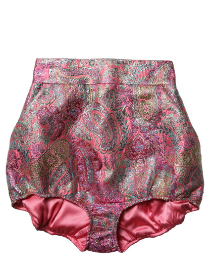 Dolce & Gabbana Women's High Rise Silk & Polyester Fim Fiber Short Trousers - Pink Patterned Paisley Floral Jacquard