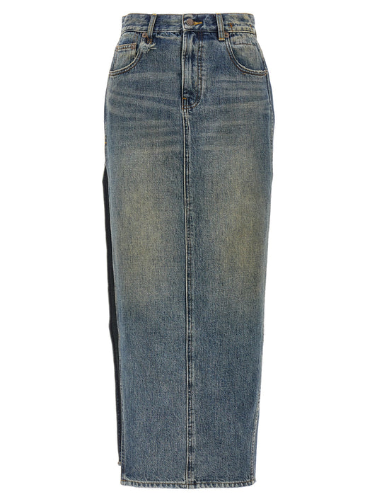 Skirt by R13 for women in cotton denim blue features an relaxed-yet-refined silhouette that elegantly showcases the Devon Women's Denim Cotton Skirt design and sophisticated mini.