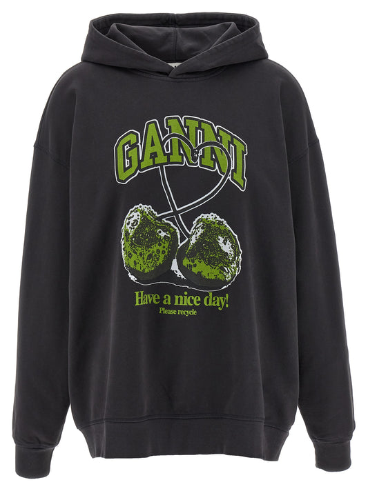 Sweatshirt Hoodie by Ganni for women in plush organic cotton cherry, gray & print features an dramatic silhouette, showcasing a sophisticated hooded neckline and dramatic for a refined, modern aesthetic.