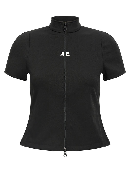 Activewear T-Shirt by Courrèges for women in polyester black features an contemporary design with seamless, a short-sleeve length, and a contemporary high-neck neckline.