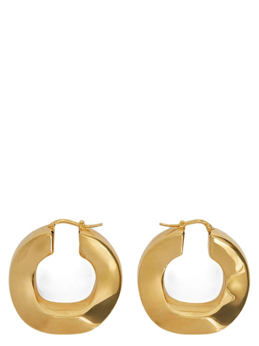 Earrings by Jil Sander for women in silk cotton & polyamide copper, gold & hooped showcases a enchanting silhouette, artfully incorporating the intricate hoop seen in the Women's Hoop Gold Copper Earrings.