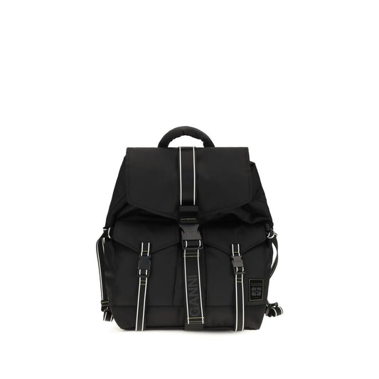 Backpack by Ganni for women in polyamide & polyethylene black presents a stately Re Tech Polyamide & Polyethylene Backpack design, showcasing a secure buckle with ample external-pockets and versatile handle, backpack-strap & adjustable-strap for a stately finish.
