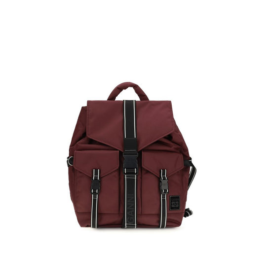 Backpack by Ganni for women in polyamide & polyethylene bordeaux showcases an architectural Re Tech Polyamide & Polyethylene Backpack design, featuring a secure buckle, ample external-pockets, and architectural handle, backpack-strap & adjustable-strap for a sophisticated look.