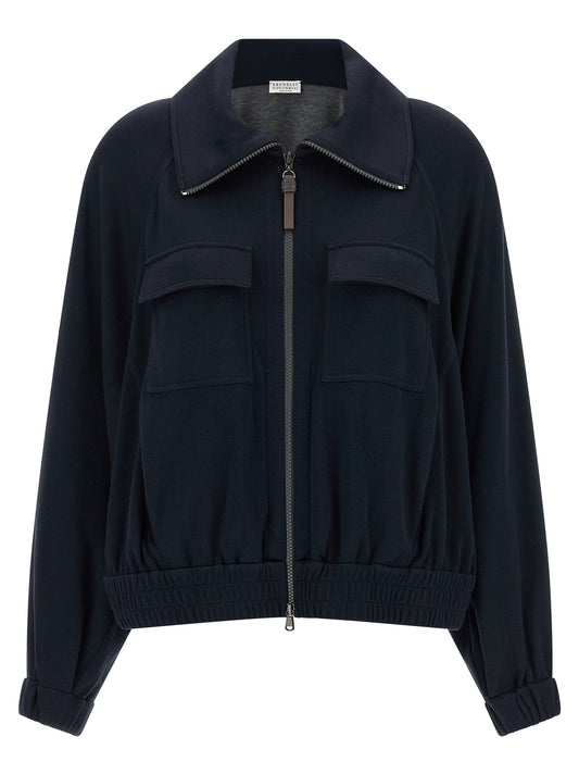 Bomber Jacket by Brunello Cucinelli for women in silk cotton & polyamide blue presents a effortlessly chic silhouette, showcasing a sophisticated high-neck neckline and premium pockets for a truly effortlessly chic finish.