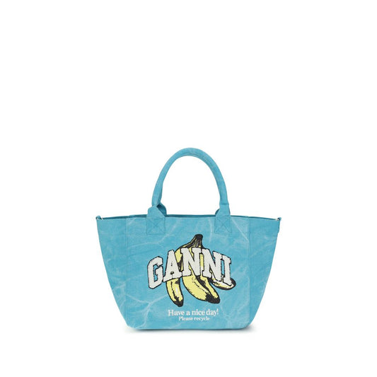 Ganni Cotton Tote Shoulder Bag - Blue Print