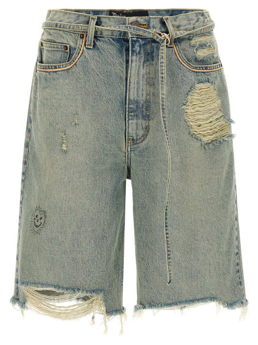 Denim Shorts by PALY for men in denim cotton light-blue & print features an utilitarian chic straight-leg & wide with a short and , creating a utilitarian chic silhouette perfect for elevated casual styling.