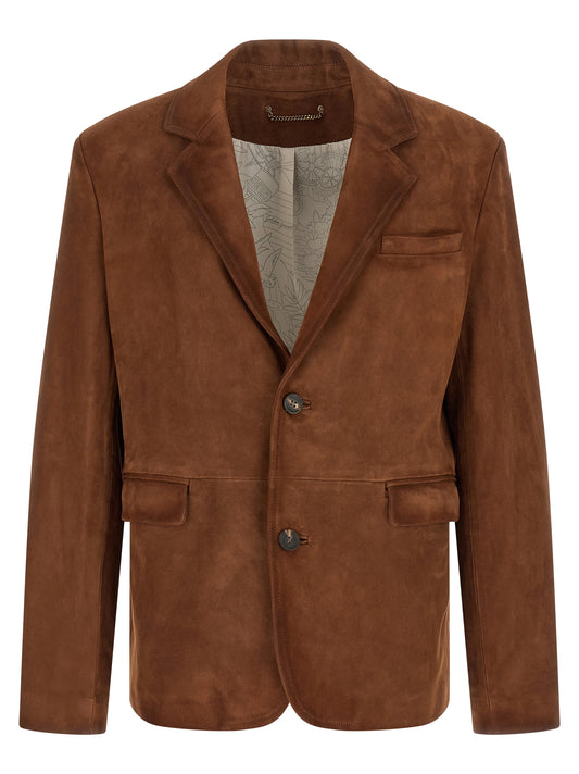 Blazer by Golden Goose for men in suede lamb-sheep leather brown showcases a polished silhouette, highlighted by a refined lapel neckline and polished for a sophisticated finish.