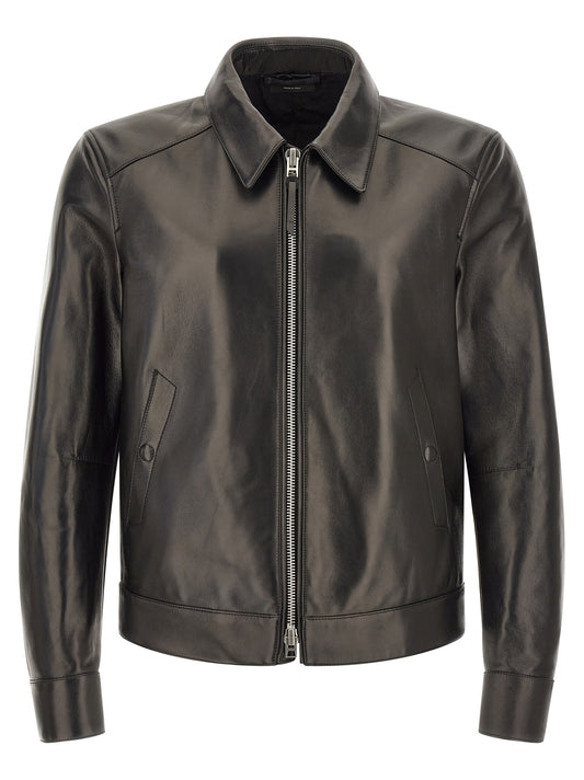 Jacket by Tom Ford for men in lamb leather black features an utilitarian silhouette with a refined shirt-collar neckline, showcasing sophisticated pockets for an utilitarian aesthetic.