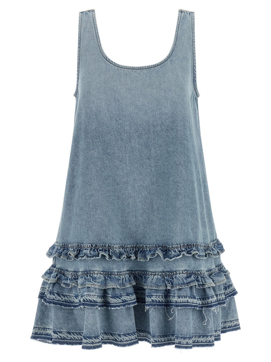 Dress by Ganni for women in organic cotton denim light-blue & signature features an sultry silhouette defined by a round neckline and sleeveless, falling to an sultry short mini for a sultry look.