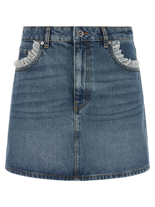 Skirt by Ganni for women in denim cotton blue, brown & white showcases a dramatic silhouette, artfully capturing the essence of the Women's Denim Cotton Skirt in a dramatic mini long cut for a refined look.
