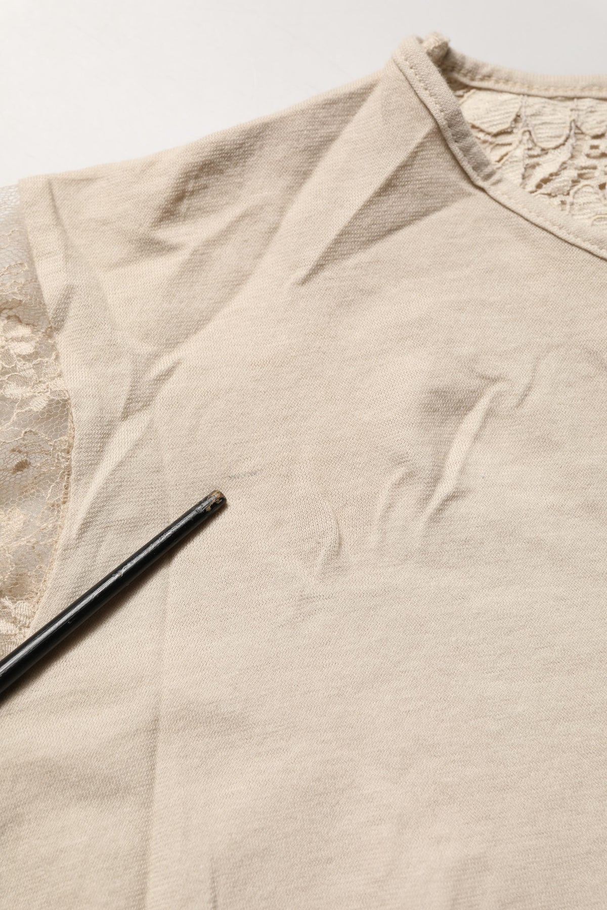 PINK MEMORIES Women's Short-Sleeve Round Neck Cotton Lace Blouse - Beige Pink