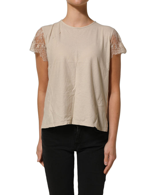 PINK MEMORIES Women's Short-Sleeve Round Neck Cotton Lace Blouse - Beige Pink