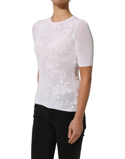 Alpha Studio Alpha Women's Short-Sleeve Crew Neck Cotton Nylon & Lace Blouse - White Floral