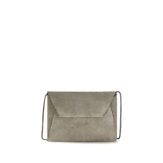 Clutch Handbag by Brunello Cucinelli for women in bos taurus calf nappa leather gray showcases a sculptural silhouette, featuring a secure magnetic, ample cardholder, and versatile shoulder-strap for a sculptural aesthetic.