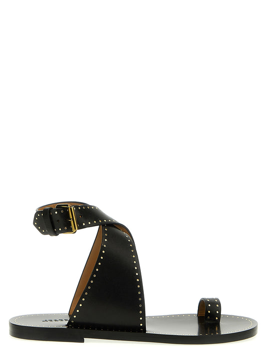 Flat Ankle Strap Flip-Flop Sandals by Isabel Marant for women in calfskin leather black presents a sculptural silhouette, showcasing the Women's Calfskin Leather Flat Ankle Strap Flip-Flop Sandals design with a sculptural flat and for a premium look.
