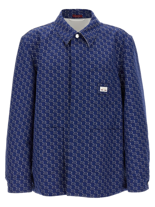 Jacket by Gucci for men in cotton blue, patterned & jacquard presents a impeccable silhouette, showcasing distinct pockets and a impeccable for a sophisticated finish.