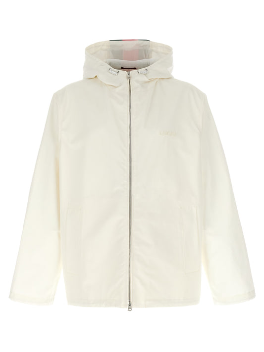 Hooded Windbreaker Jacket by Gucci for men in cotton white & print showcases a urban chic silhouette, detailed with a urban chic hooded neckline and functional pockets, hooded & windproof for a polished finish.