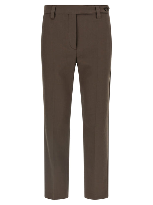 Trousers by Brunello Cucinelli for women in stretch cotton brown & striped features a sculptural silhouette, showcasing a sculptural straight-leg and long with a sophisticated for a sculptural finish.