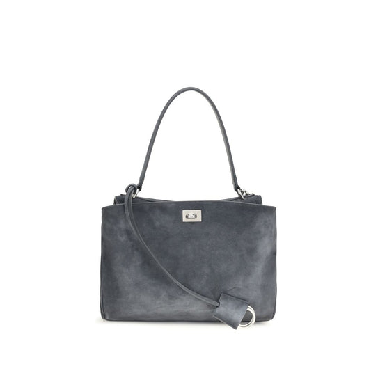Handbag by Balenciaga for women in bio-acetate gray & silver features a ornamental silhouette, showcasing a secure , ample built-in-compartments & external-pockets, and ornamental shoulder-strap & handle for a sophisticated look.