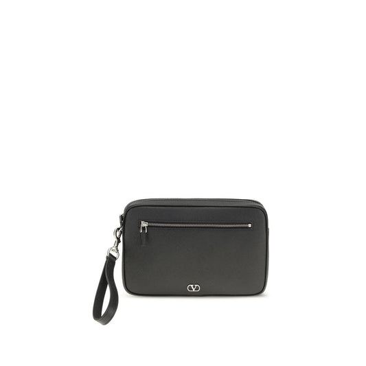 Pouch Handbag by Valentino Garavani for unisex in bos taurus calf leather black & signature features an refined silhouette, showcasing a secure zipper, ample , and versatile wristlet for a sophisticated refined aesthetic.