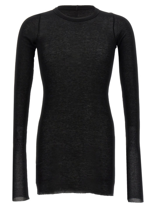 T-Shirt by Rick Owens for men in silk & viscose black showcases a dramatic silhouette, elegantly detailed with a dramatic crew neckline and long-sleeve for a truly dramatic finish.