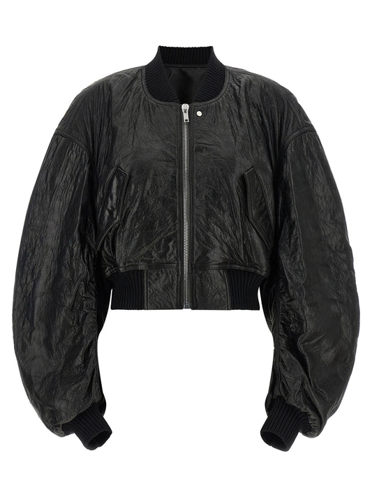 Bomber Jacket by Rick Owens for women in lamb leather black features an contemporary silhouette, showcasing a sophisticated high-neck neckline and contemporary pockets for a truly refined look.
