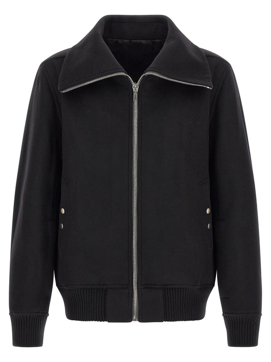 Bomber Jacket by Rick Owens for men in virgin wool black features an on trend silhouette, showcasing refined pockets and a sophisticated high-neck neckline for a truly on trend finish.