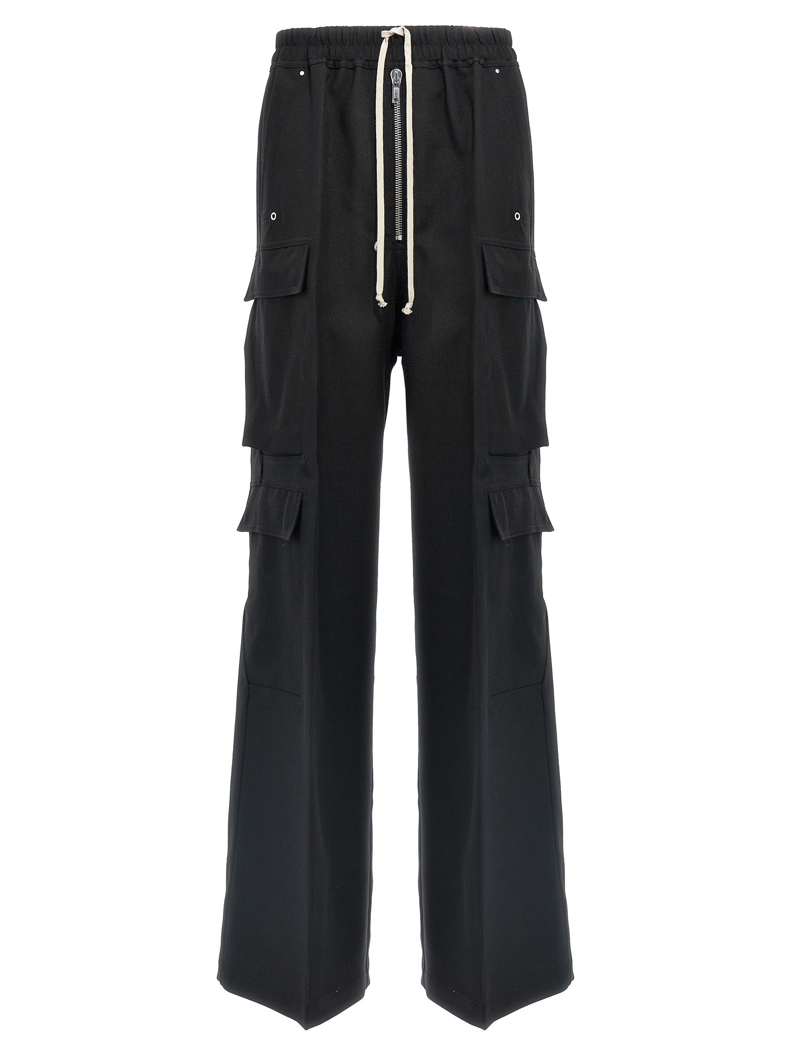 Cargo Pants by Rick Owens for women in wool black presents a on trend silhouette, artfully finished with a on trend flared, relaxed-fit & wide, long, and for a sophisticated look.